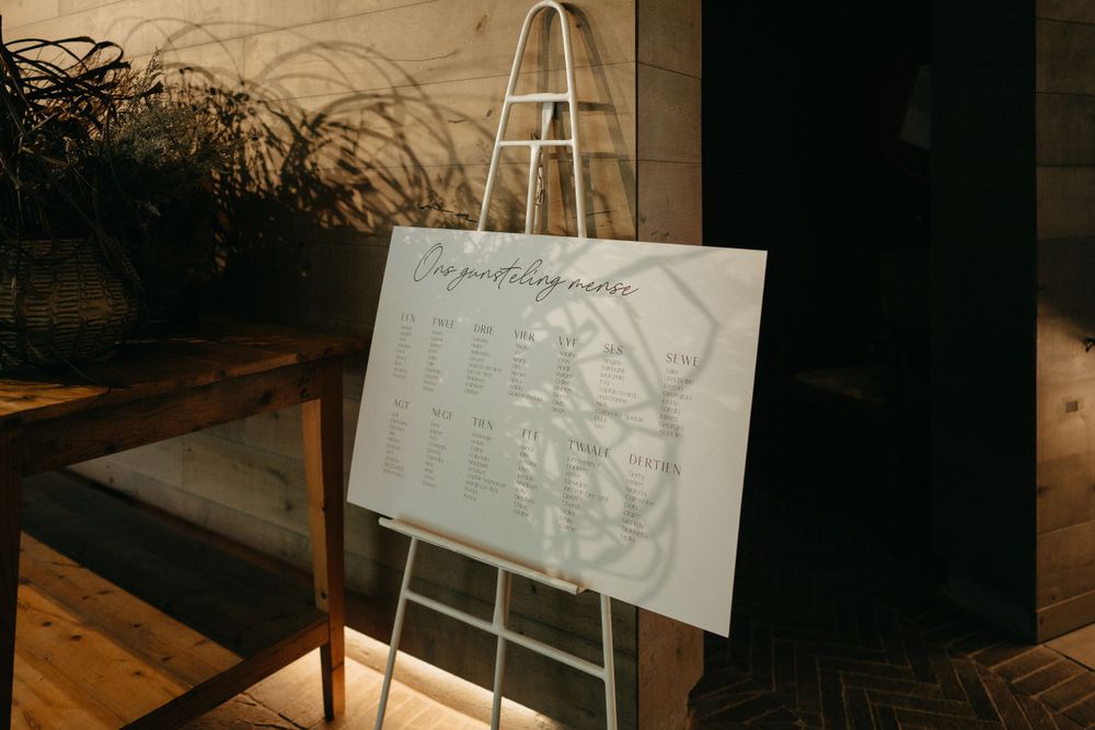 A wedding seating chart displayed on a white easel in a dimly lit venue space.