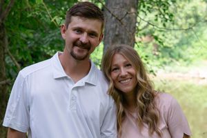 A series of joyful engagement photos taken in a natural outdoor setting.