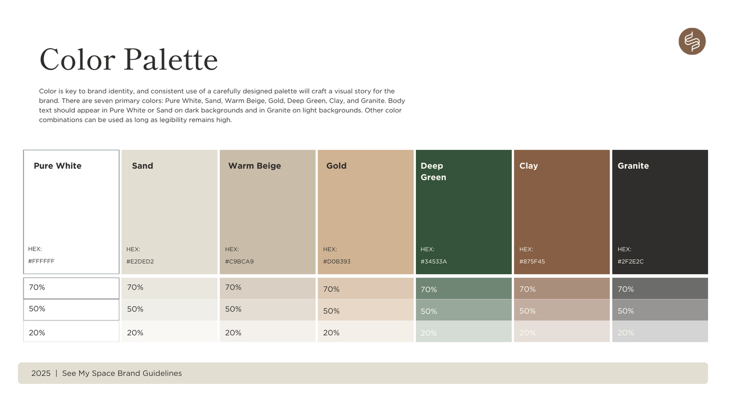 Professional color palette guide featuring earth tones, greens, and neutrals.