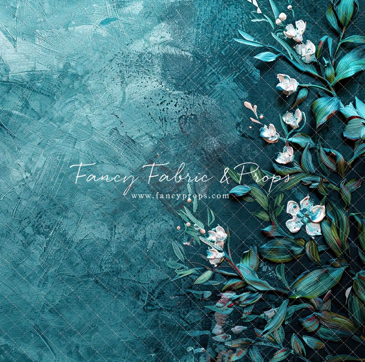 Decorative teal and turquoise floral border design with white flowers and green leaves on textured background.
