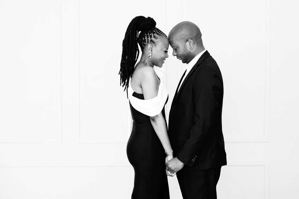High contrast black and white photo series showing intimate close up moments between two romantic partners.