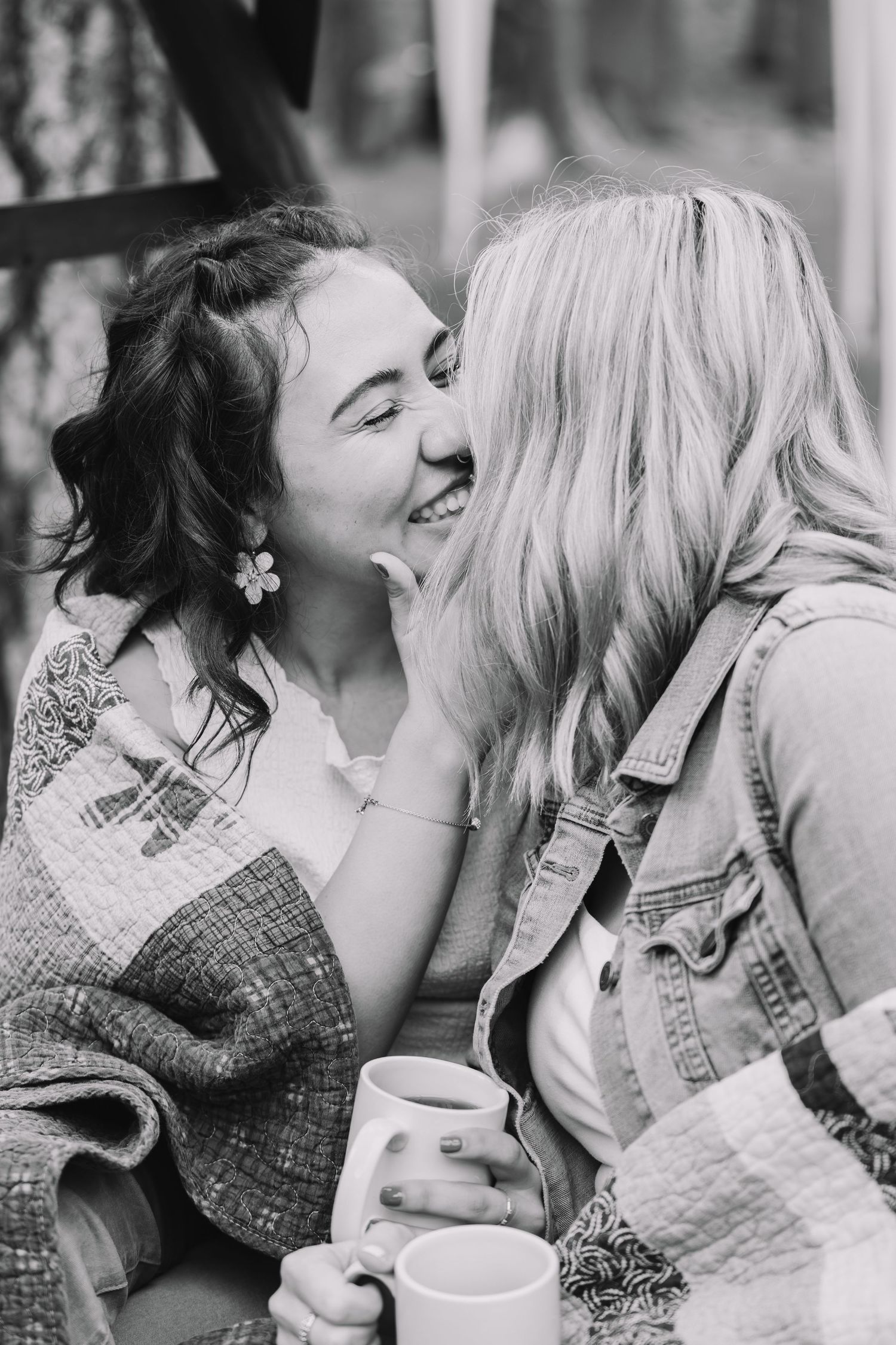 A sequence of four black and white photos showing a tender romantic moment while drinking coffee.