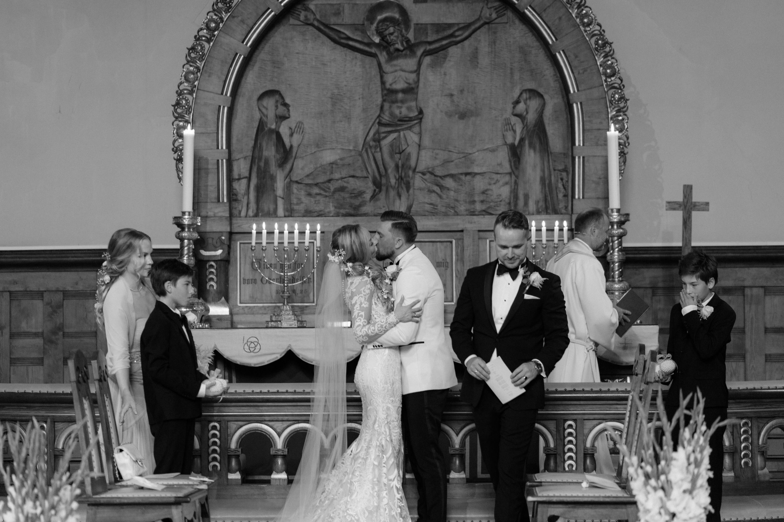 Series of wedding ceremony moments captured in a church sanctuary with arched windows and wooden pews.
