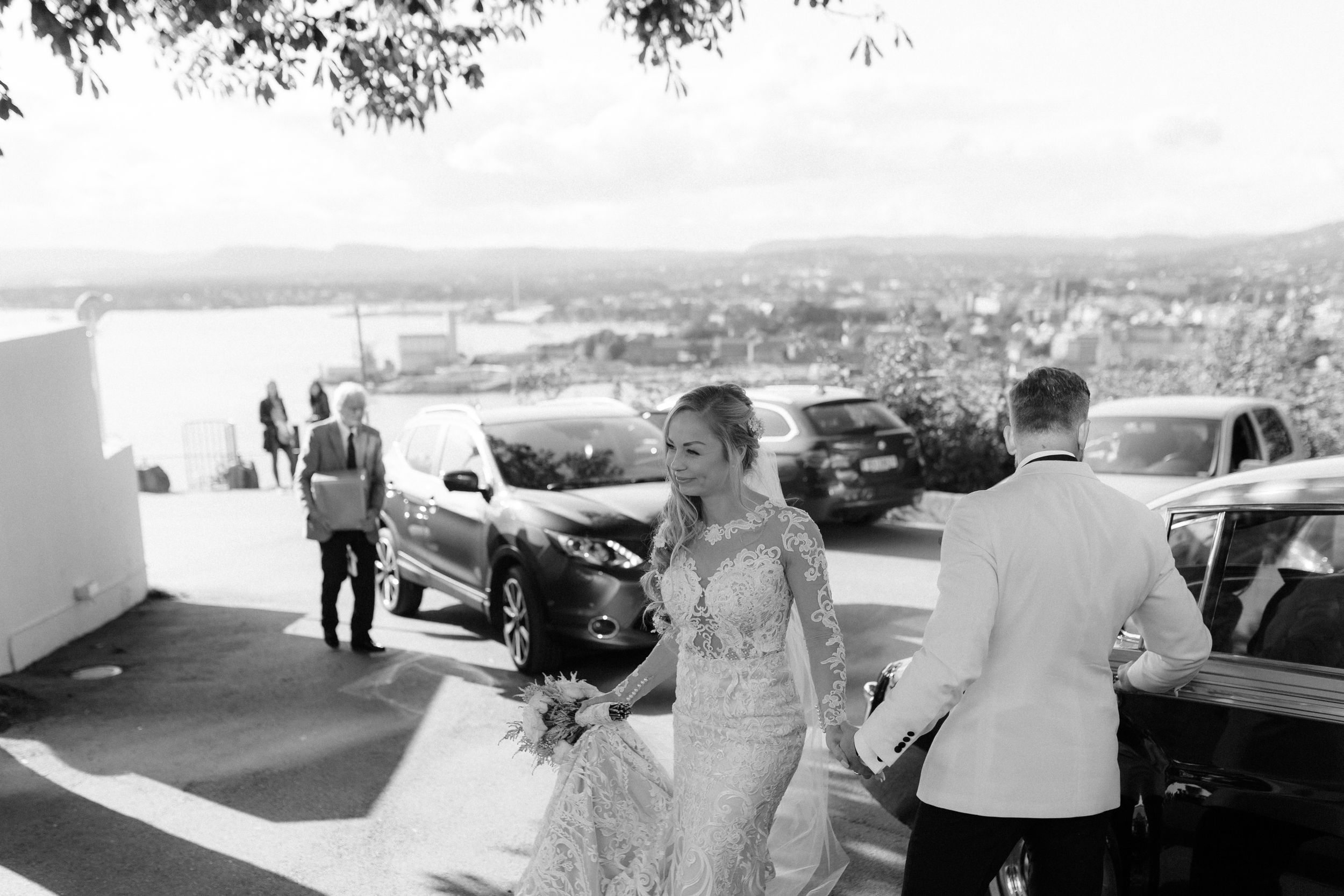Panoramic coastal view with wedding party and guests gathered at scenic overlook.