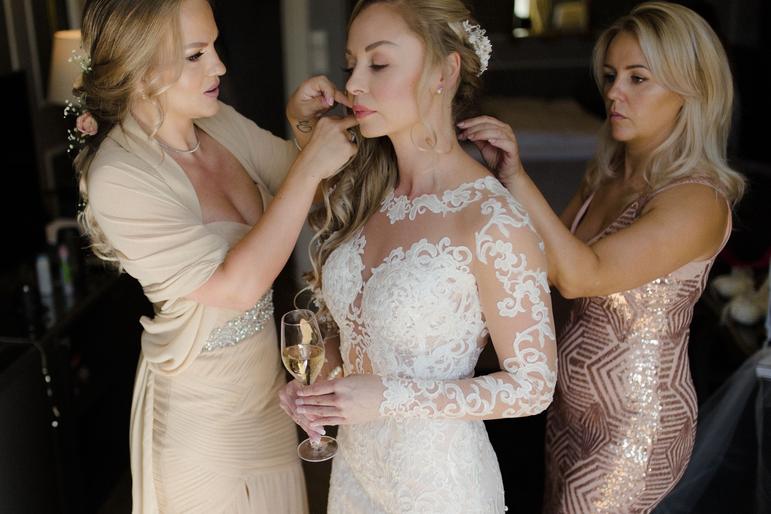 A series of candid moments showing people in formal attire during an event celebration.