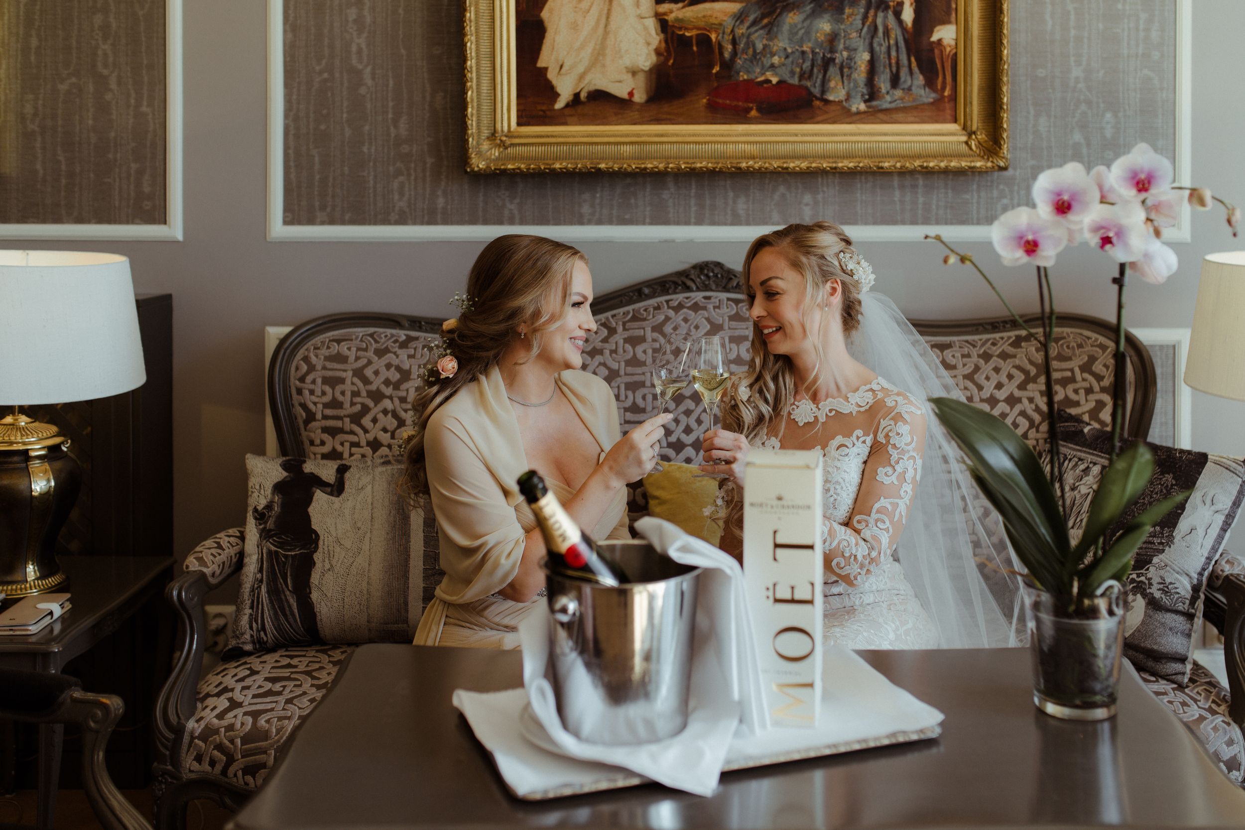 Interior shots show intimate gathering with elegant wedding decor and soft lighting during celebration preparations.