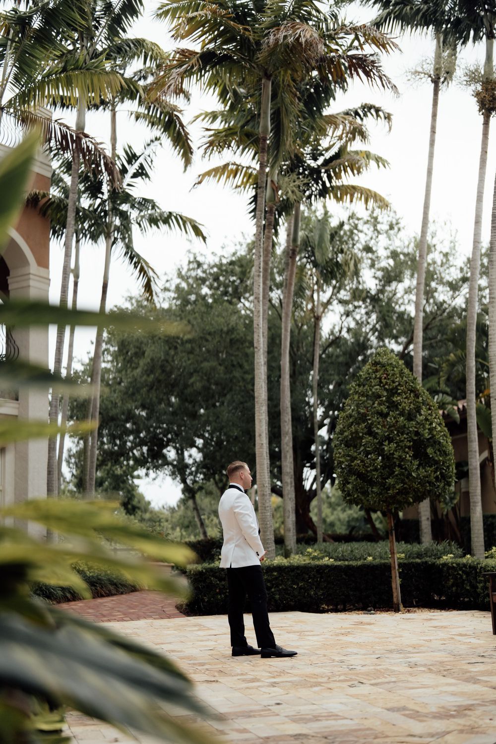 First look wedding moment captured on a palm tree-lined patio with stone pavement.
