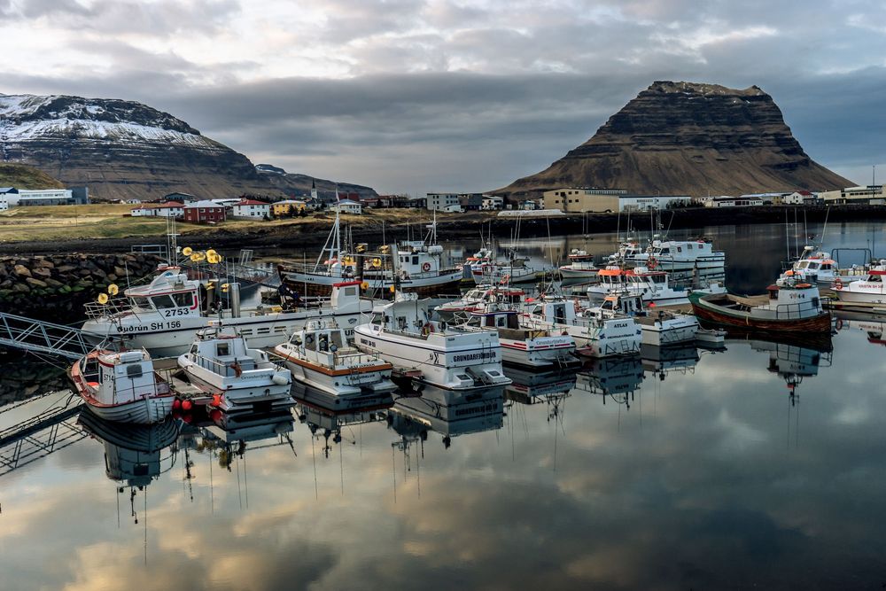 Boats docked in a scenic marina surrounded by snow-capped mountains in Iceland with calm reflective waters at dusk.