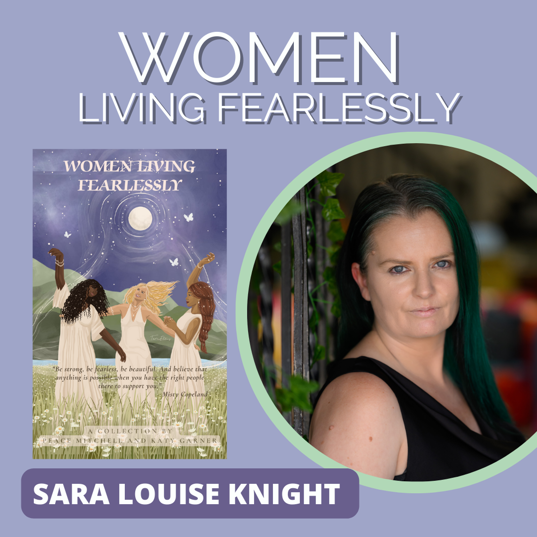 Book cover design for 'Women Living Fearlessly' featuring silhouettes dancing under moonlight.