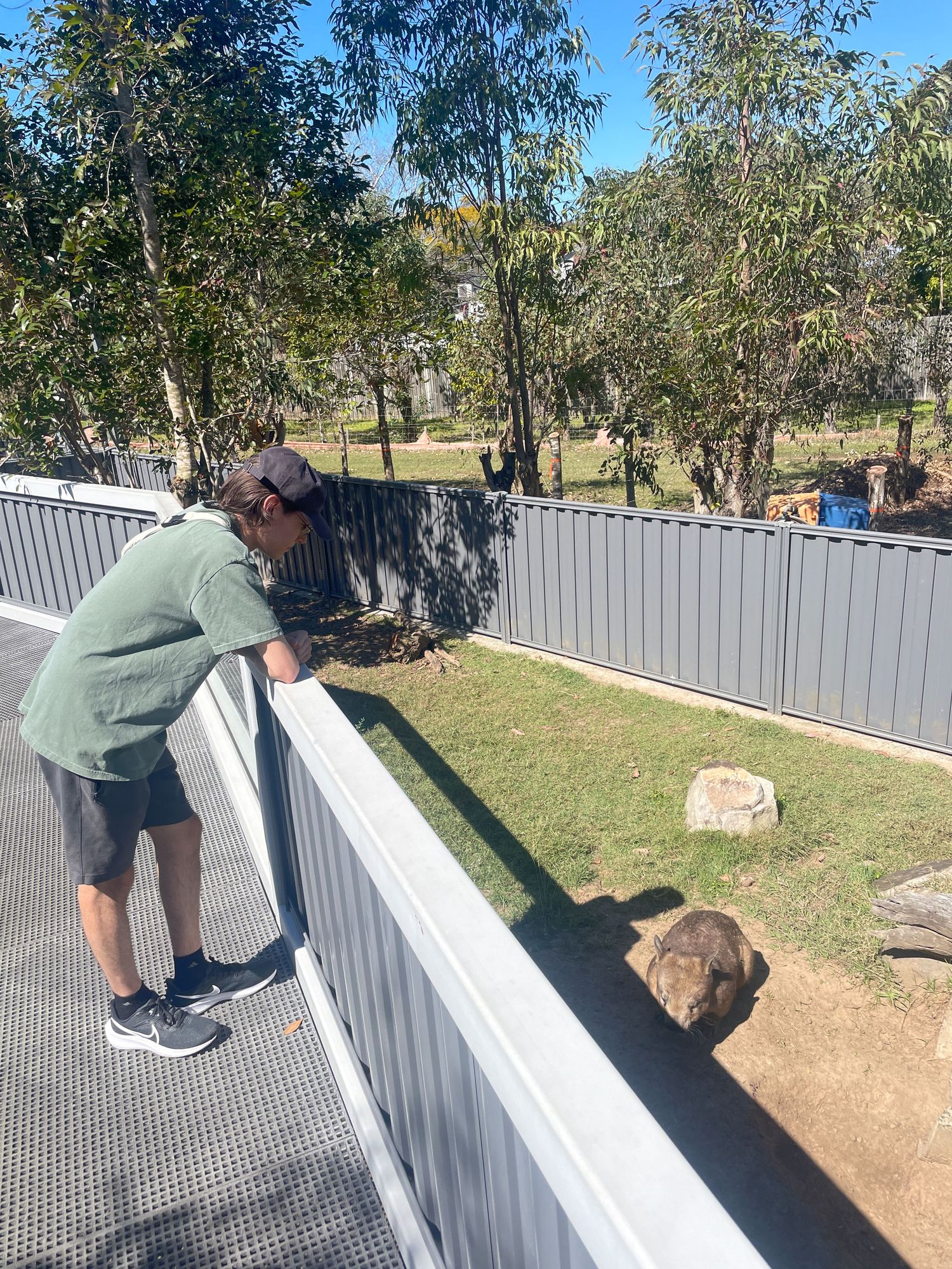 Person wearing green clothing performs parkour moves along a white fence in an outdoor setting.