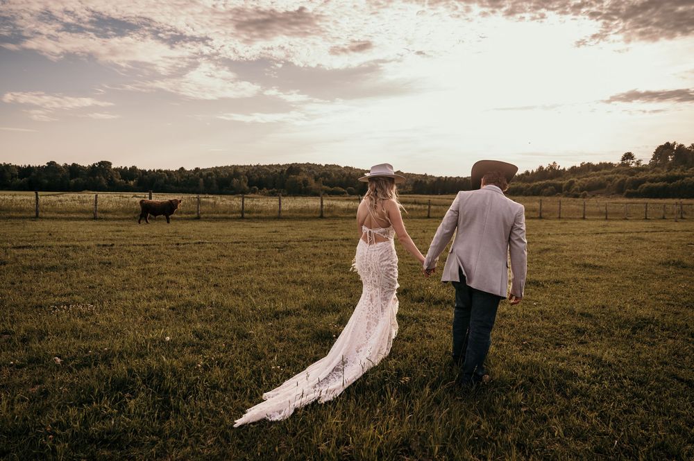 A couple walks through a golden field at sunset while a long veil flows behind them in the breeze.