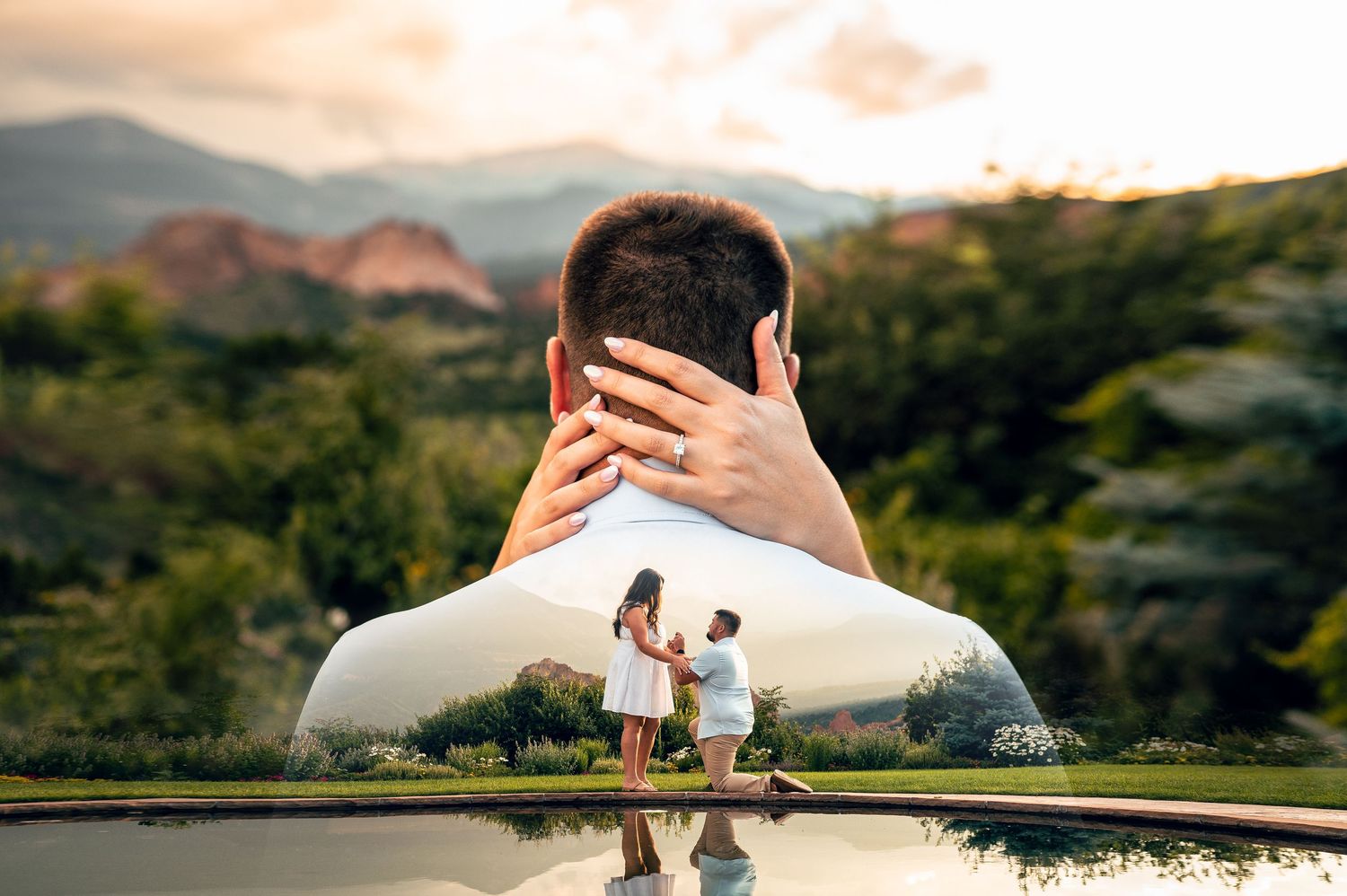Double exposure photo of a couple during a marriage proposal with mountain landscape at sunset.