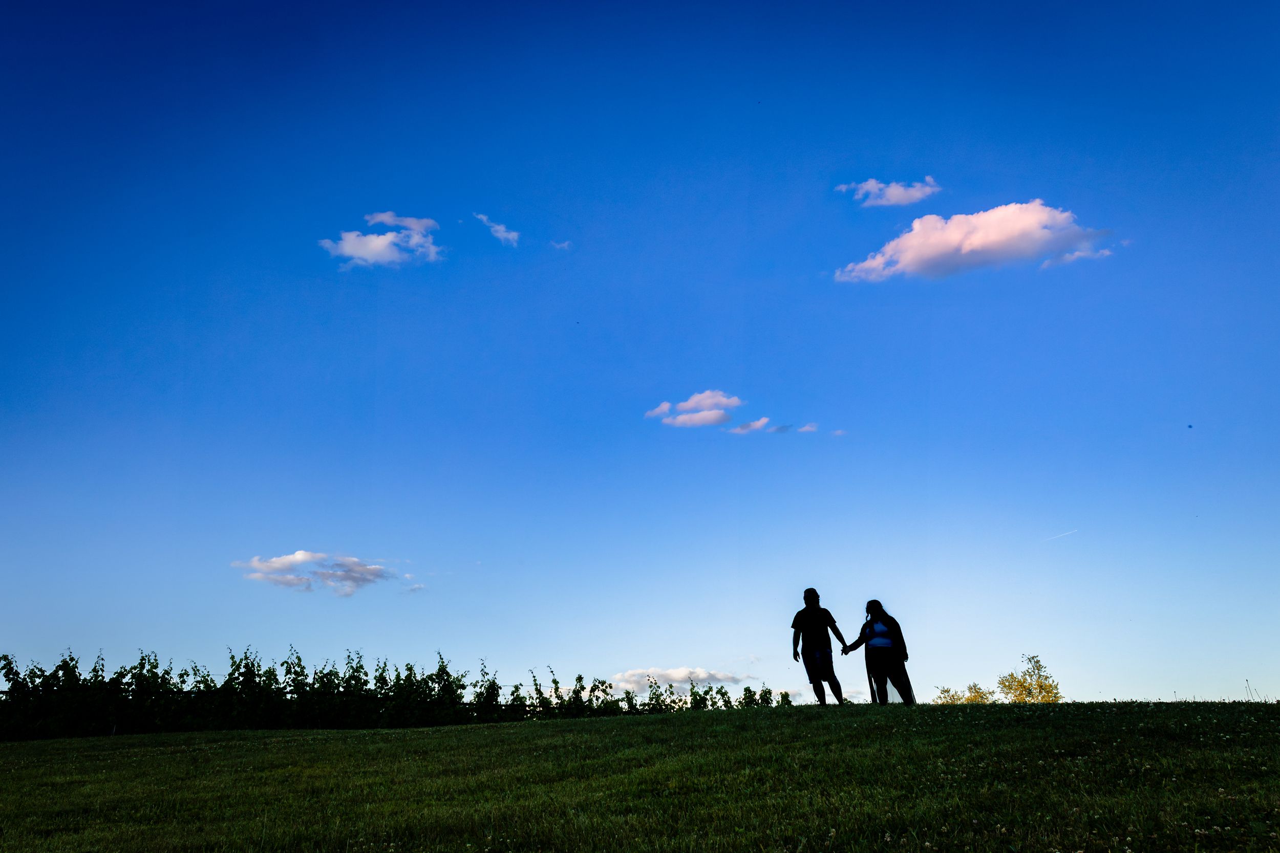 Silhouette of a couple holding hands on a green hill against a vivid blue sky with scattered clouds.