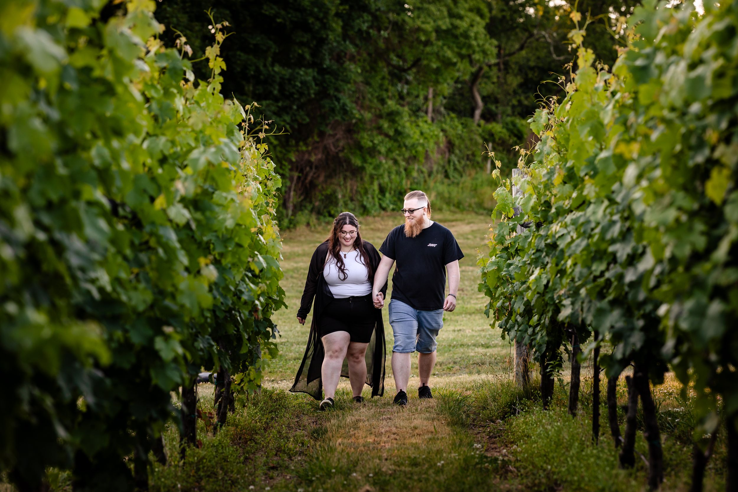 Couple walking hand in hand through lush green vineyard rows on a warm sunny day.