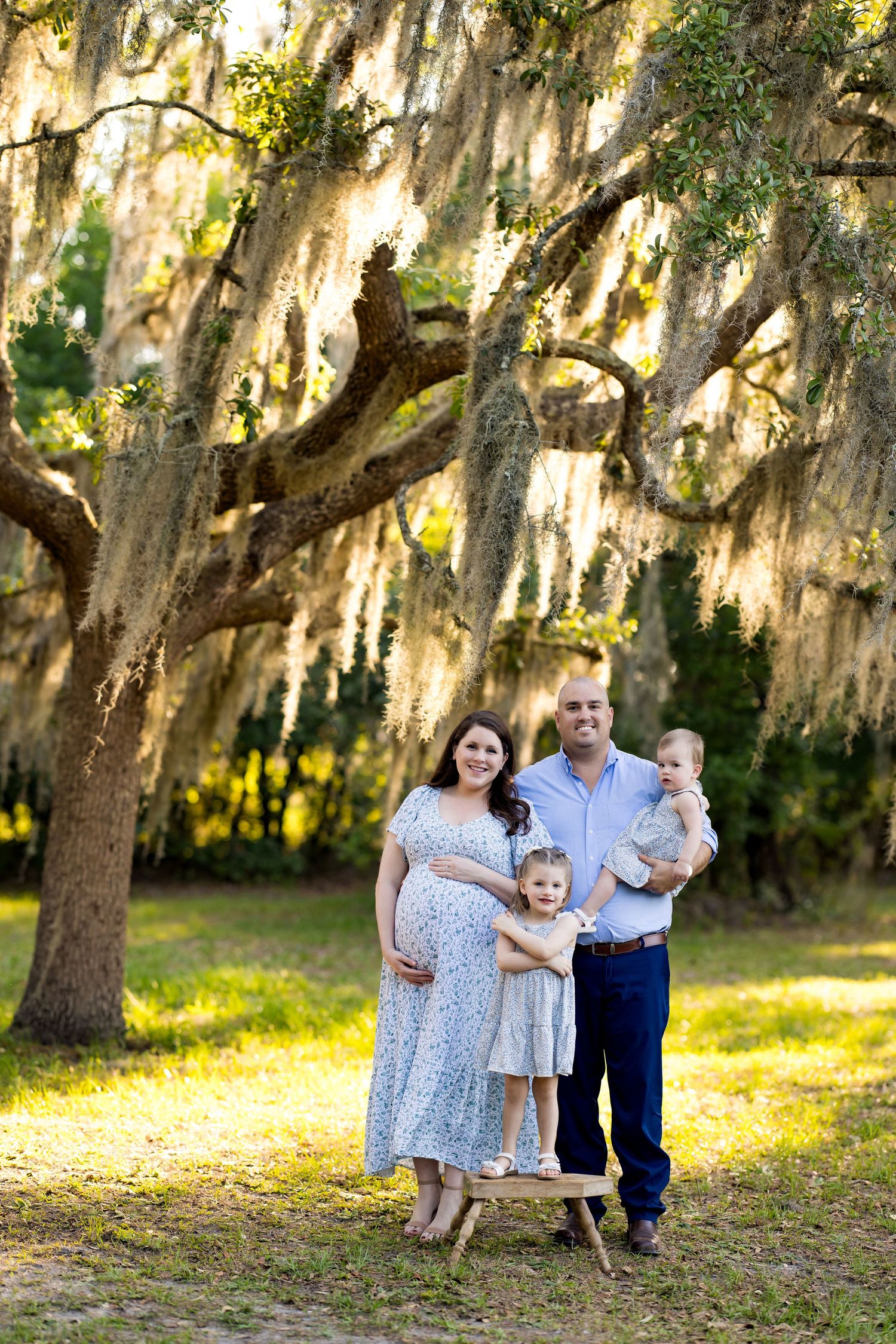 Family of four poses under Spanish moss-draped oak trees in golden sunlight, mother in floral dress cradling baby bump.