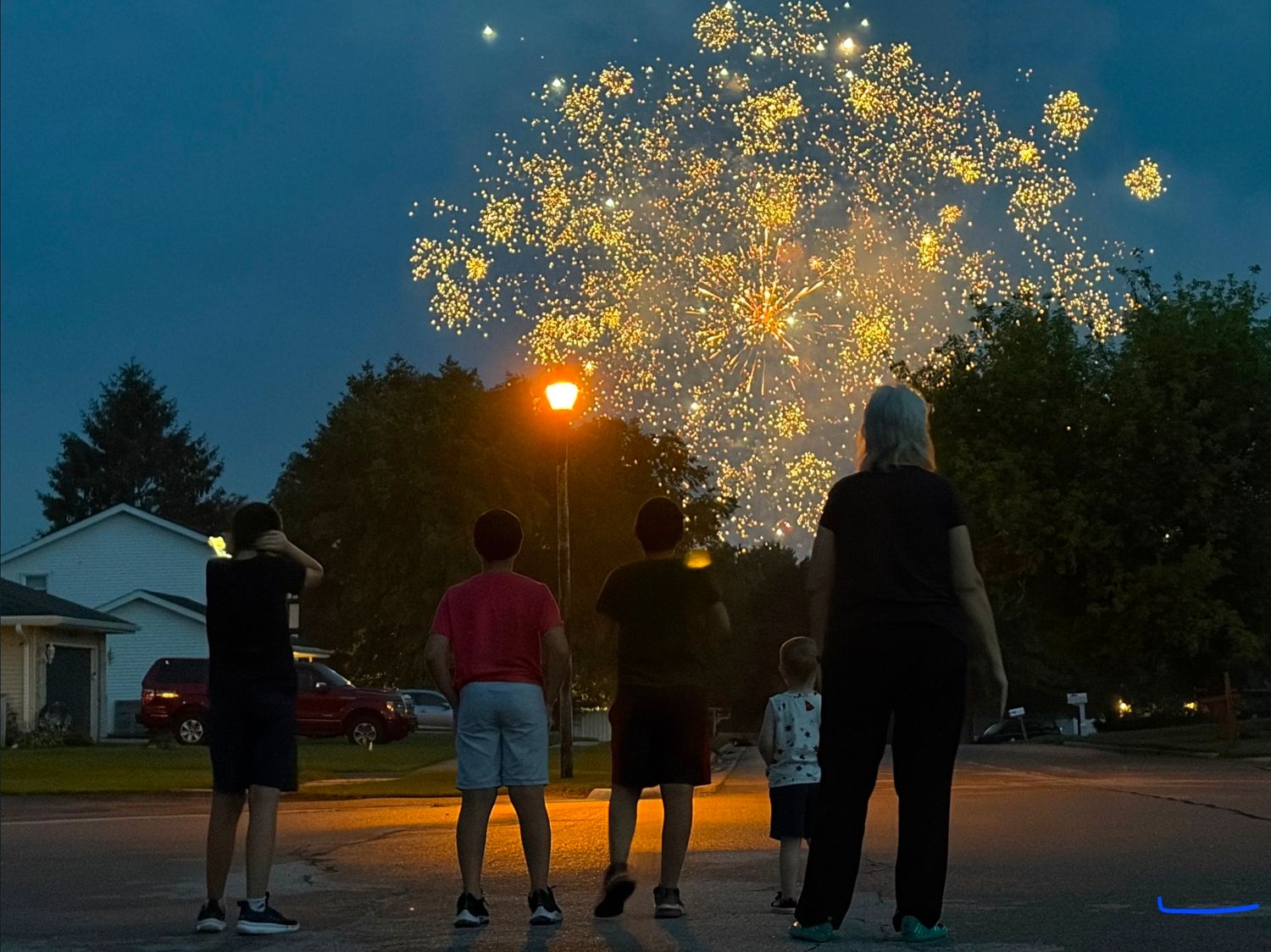 Family enjoying an evening together beneath fireworks during a summer outing.