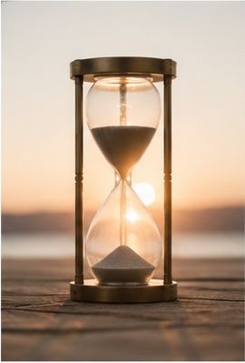 Gold hourglass with flowing sand on wooden surface against a warm sunset sky backdrop.
