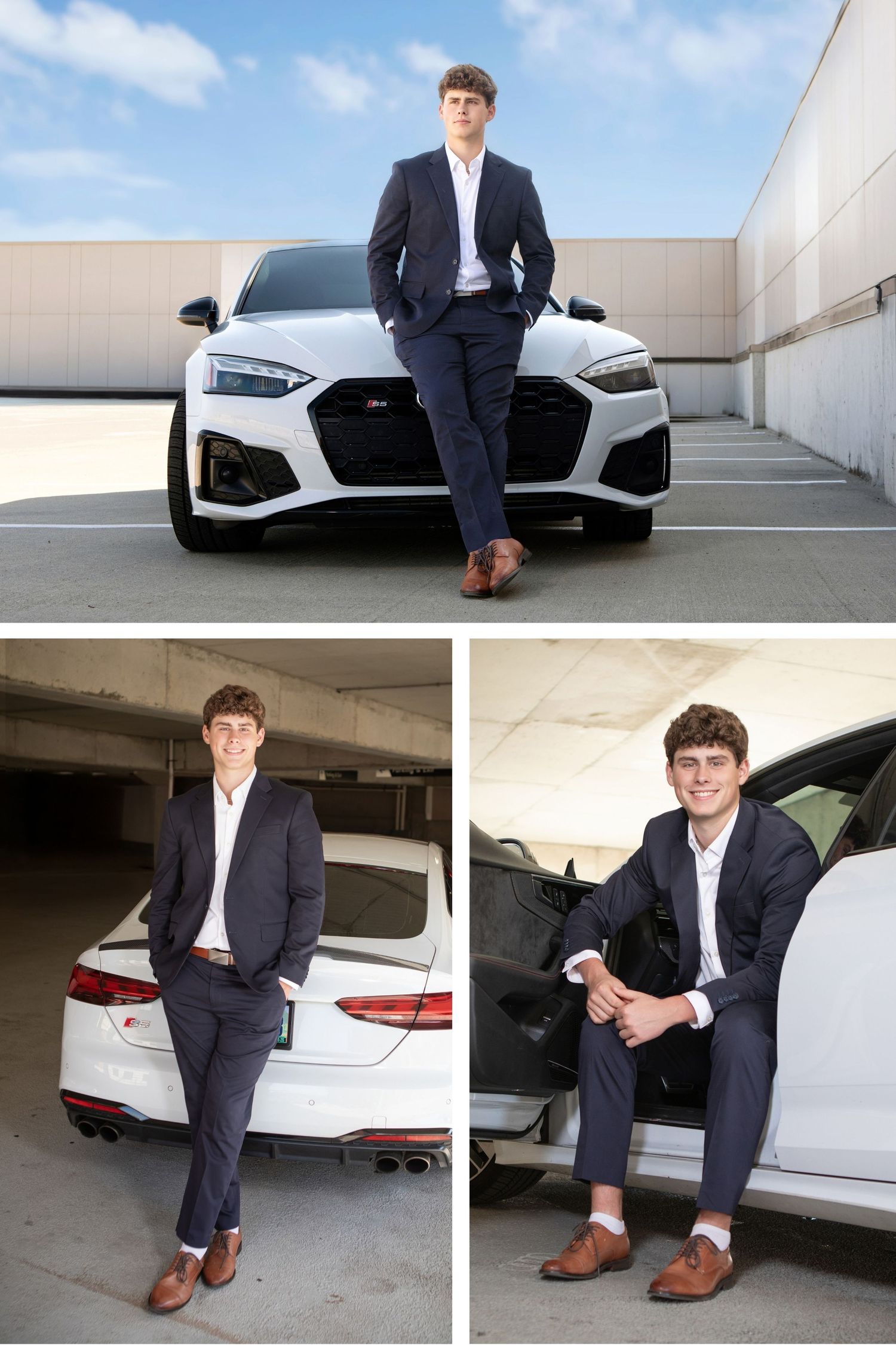 Olentangy senior guy portraits at Bridge Park featuring a navy suit, white car, and stylish urban senior photography.