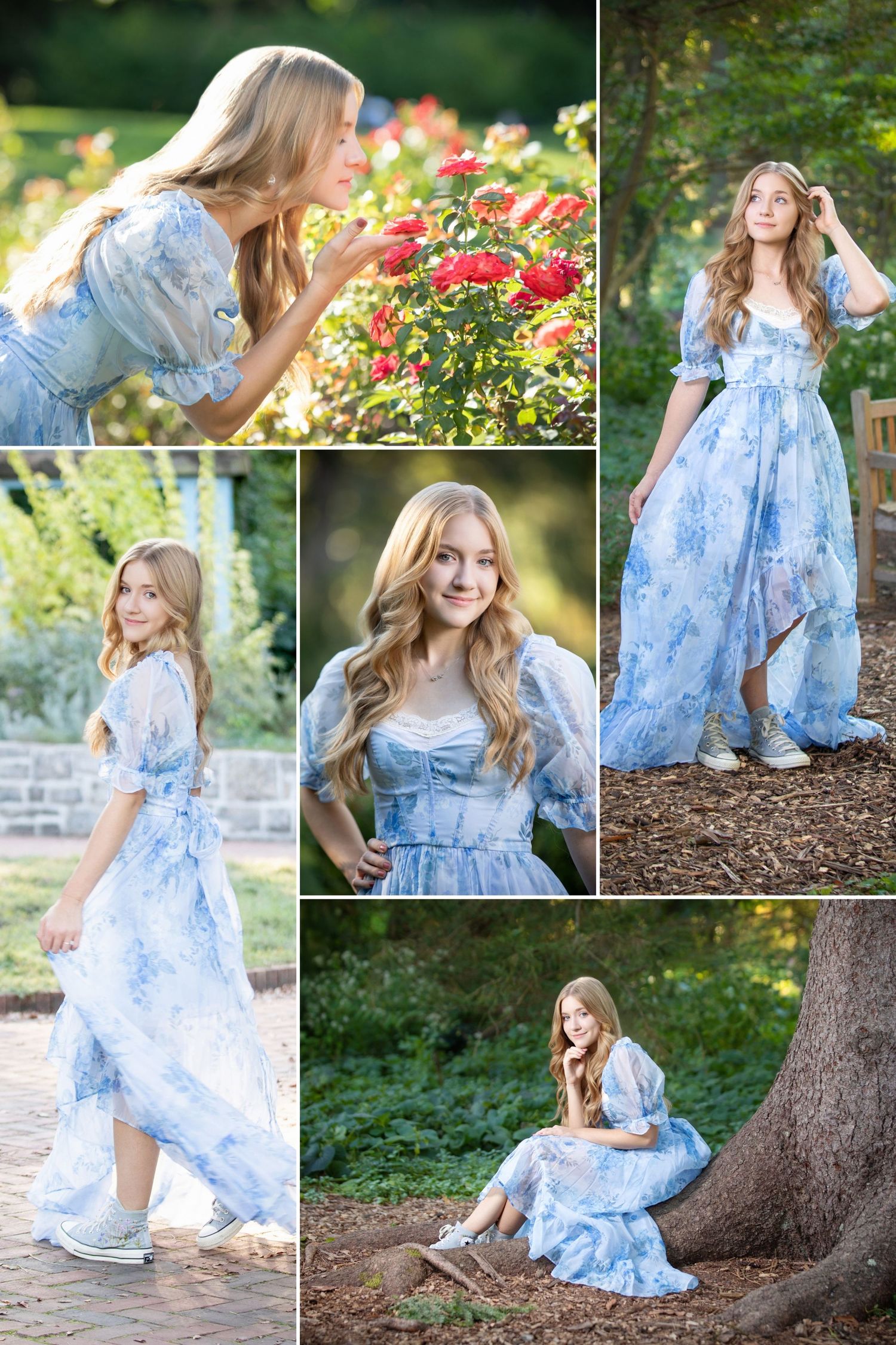 Reynoldsburg senior pictures at Inniswood Gardens featuring a blue floral dress, roses, and dreamy natural greenery.