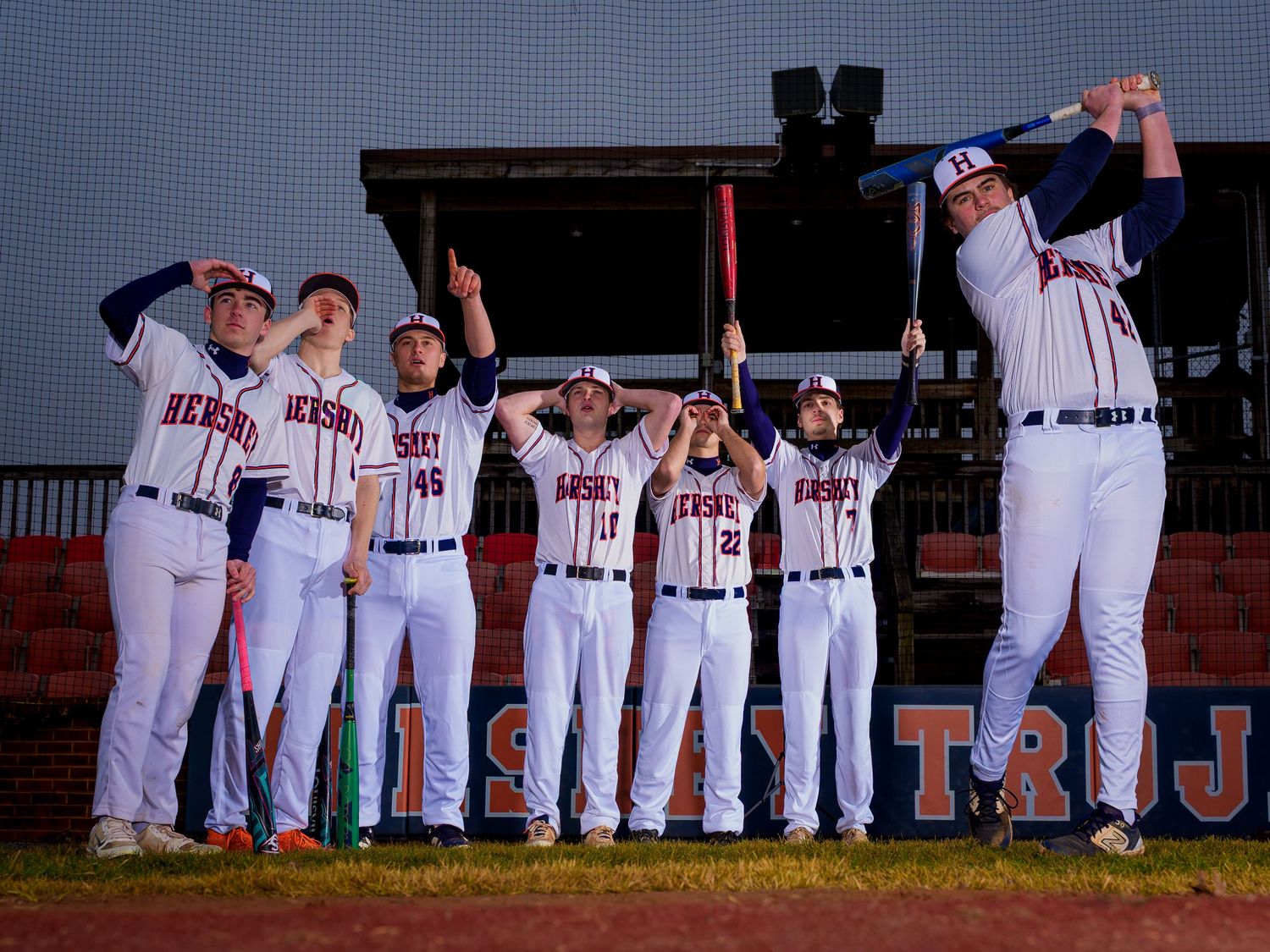 Hershey High School baseball players posed at dusk for Media Day, by Deanna Fox, SportsFox Photography, Hershey PA