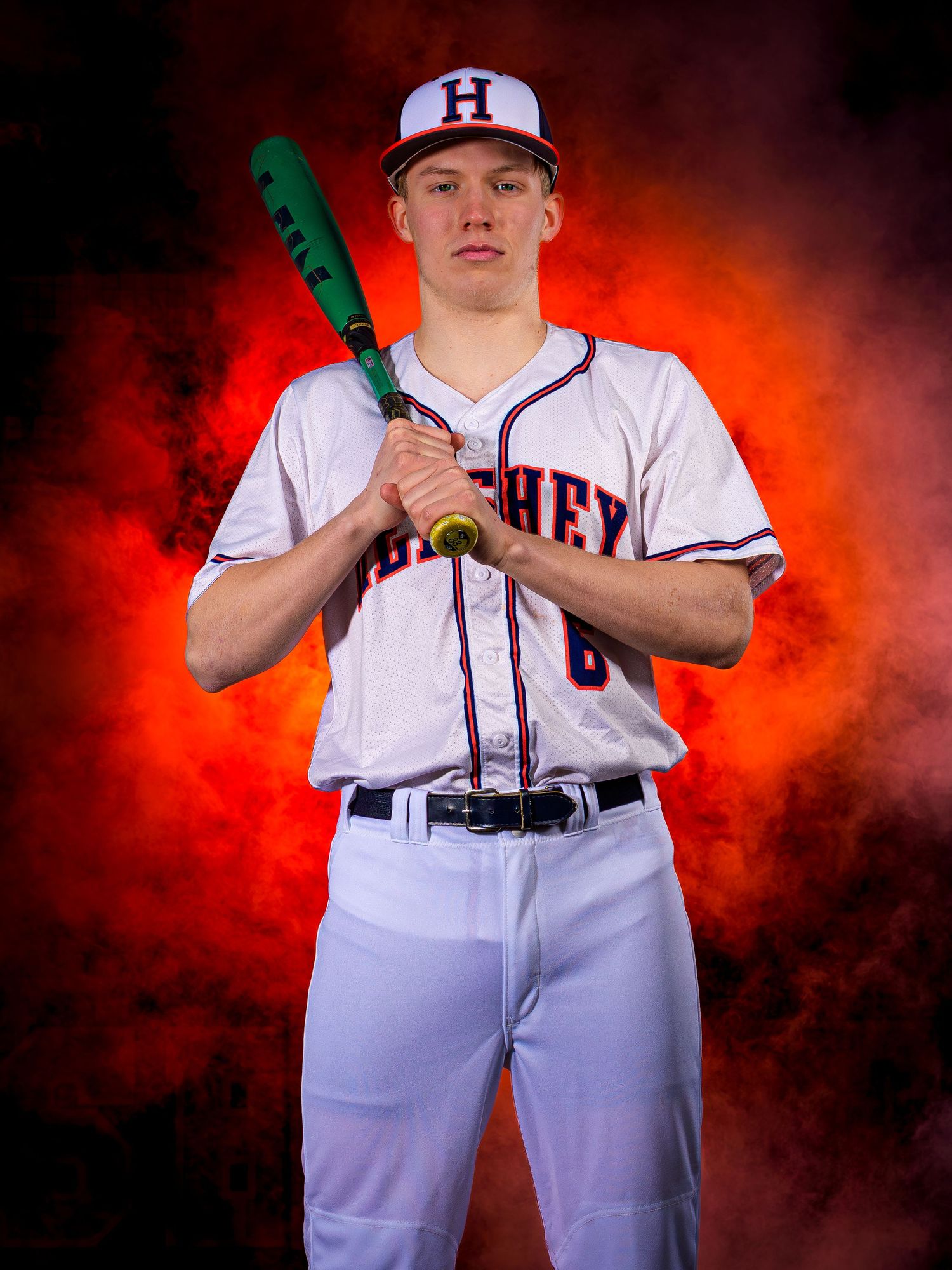 Hershey High School baseball player holding bat over shoulder at Media Day, by Deanna Fox, SportsFox Photography, Hershey PA