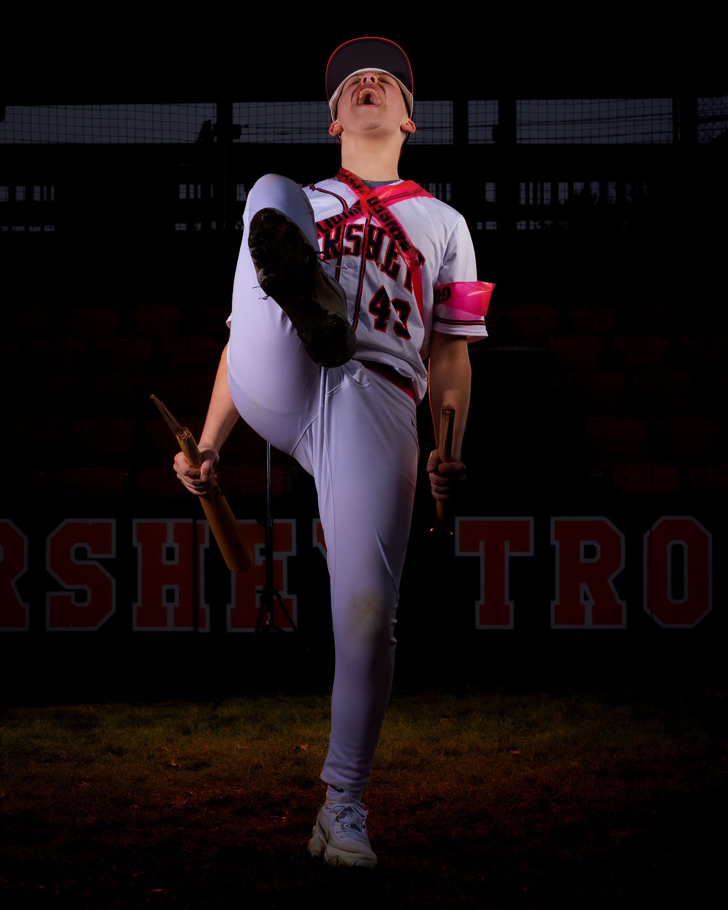 Hershey High School baseball player posed with bat for Media Day, by Deanna Fox, SportsFox Photography, Hershey PA