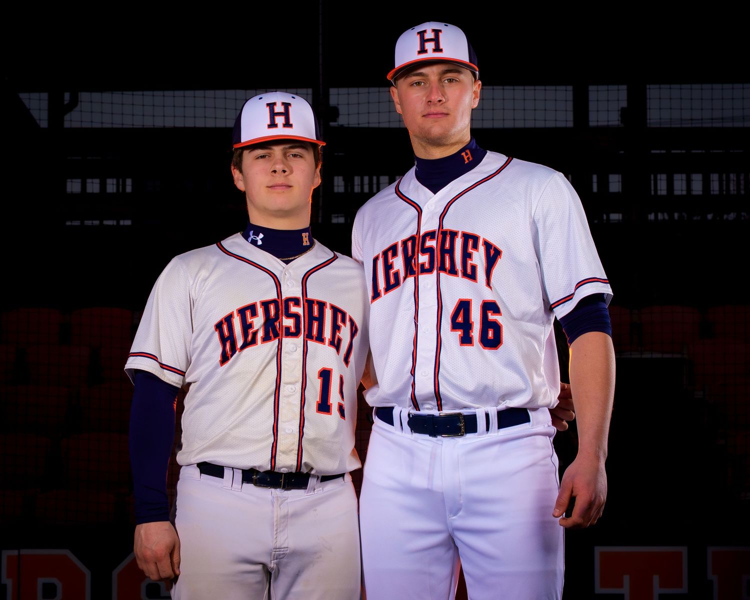 Hershey High School baseball teammates posing together for Media Day, by Deanna Fox, SportsFox Photography, Hershey PA