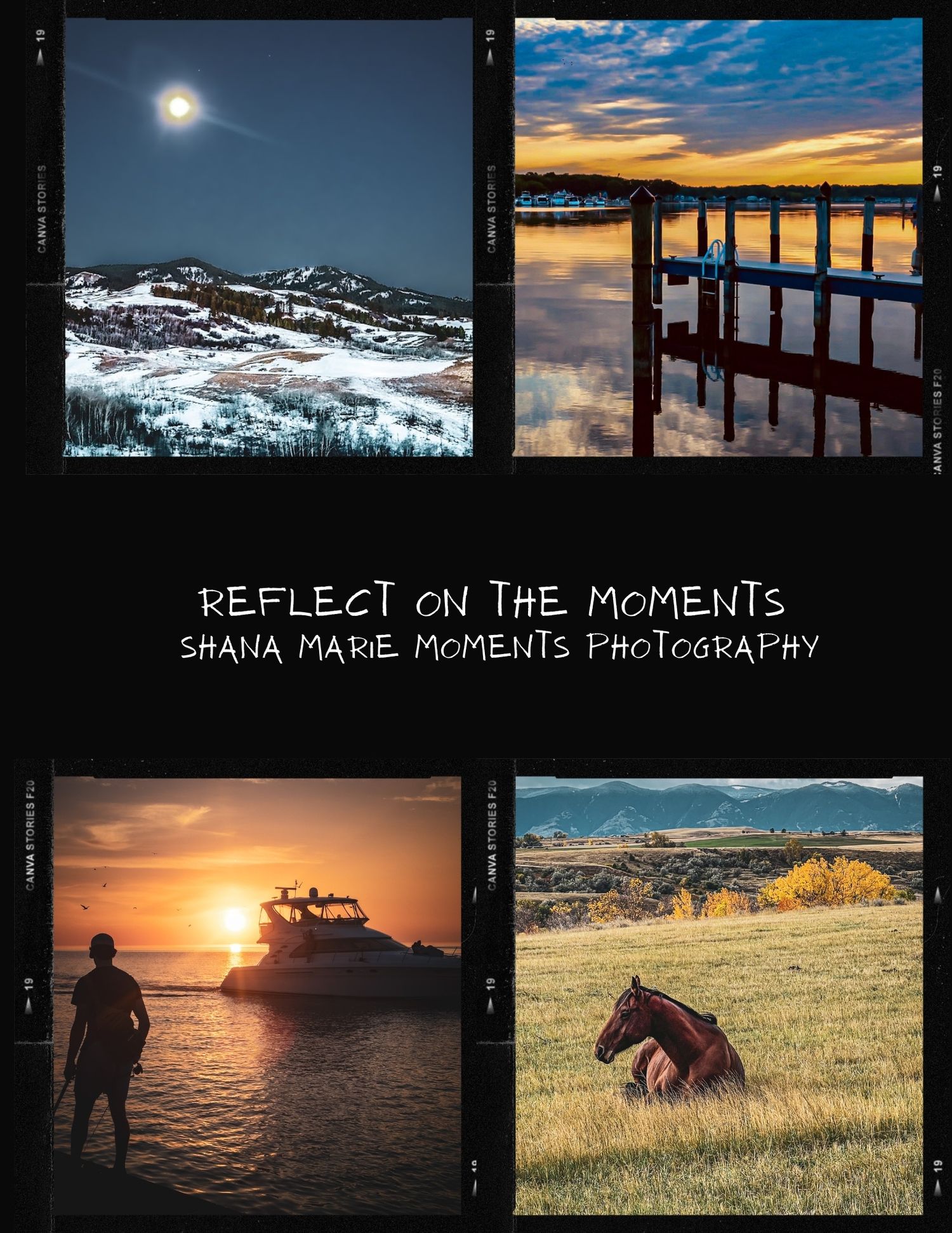Reflect on the Moments photography book cover featuring four scenic landscape photos of mountains, lake, sunset, and horse.
