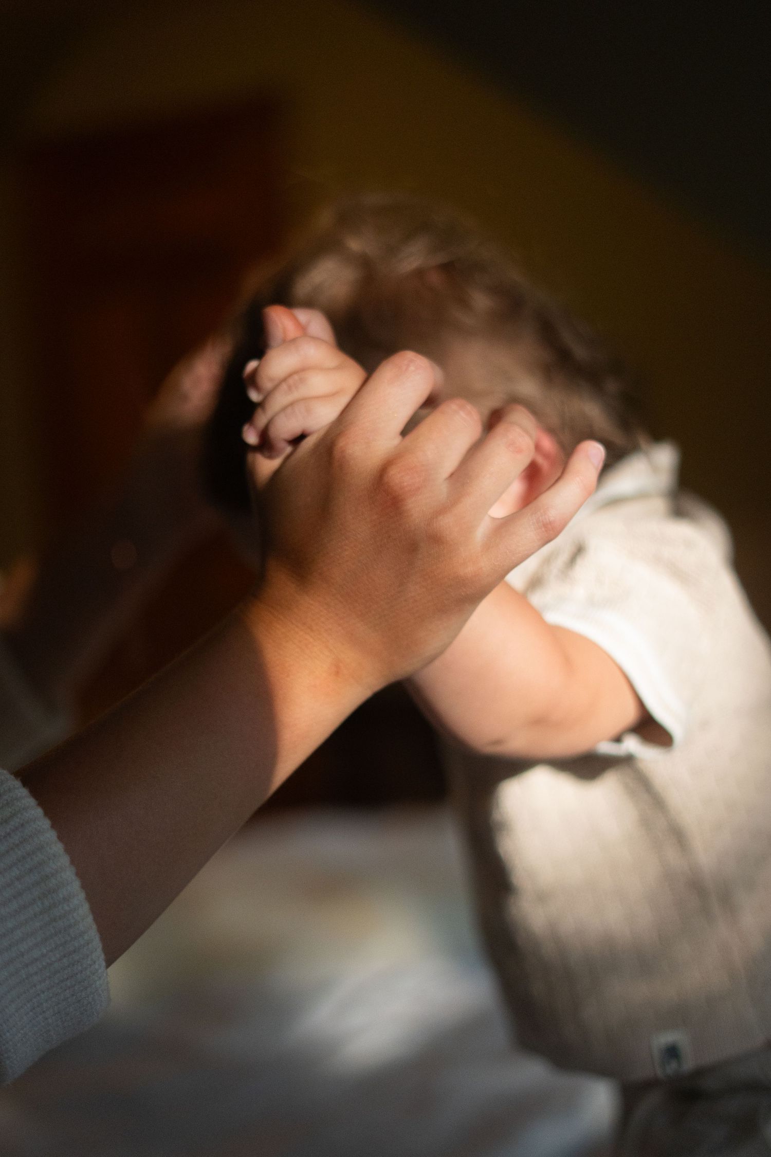 An adult gently holds a young child's hands in warm, dramatic light, creating an intimate and tender close-up moment.