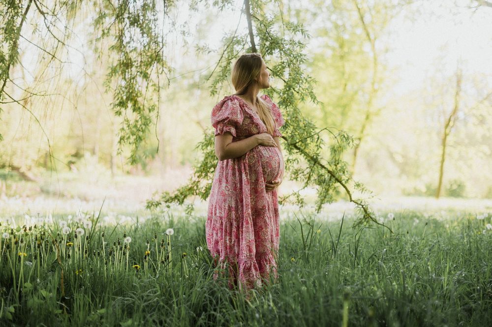 Pregnant woman in pink dress embraces belly under weeping willow in lush green field.