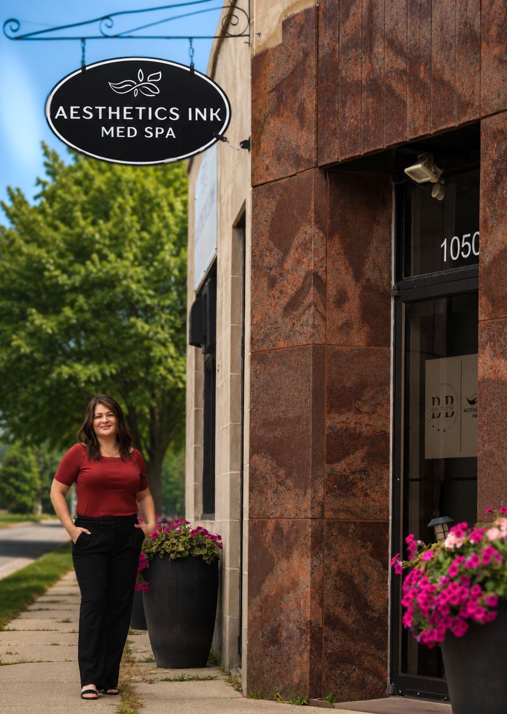 Woman standing outside Aesthetics Ink Med Spa at address 1050, surrounded by colorful flower planters on a sunny day.