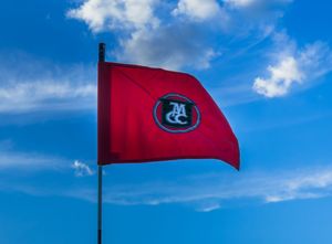 Red golf flag with club logo waving against a blue sky with white clouds.