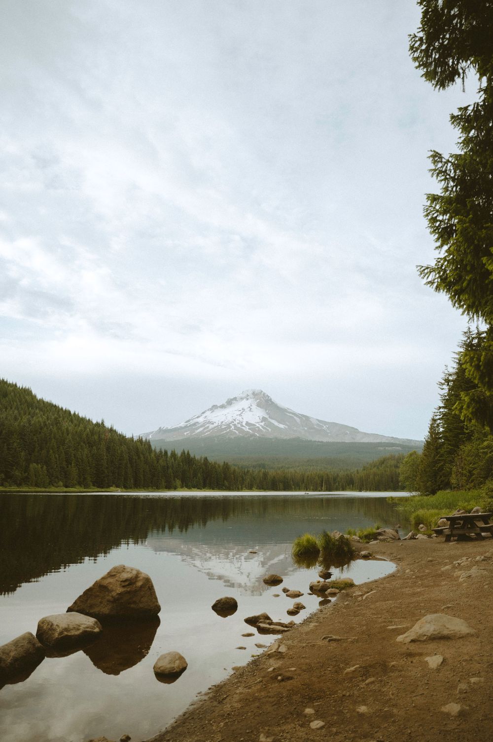 Serene Trillium Lake reflecting snow-capped Mount Hood surrounded by evergreen forests in Oregon.