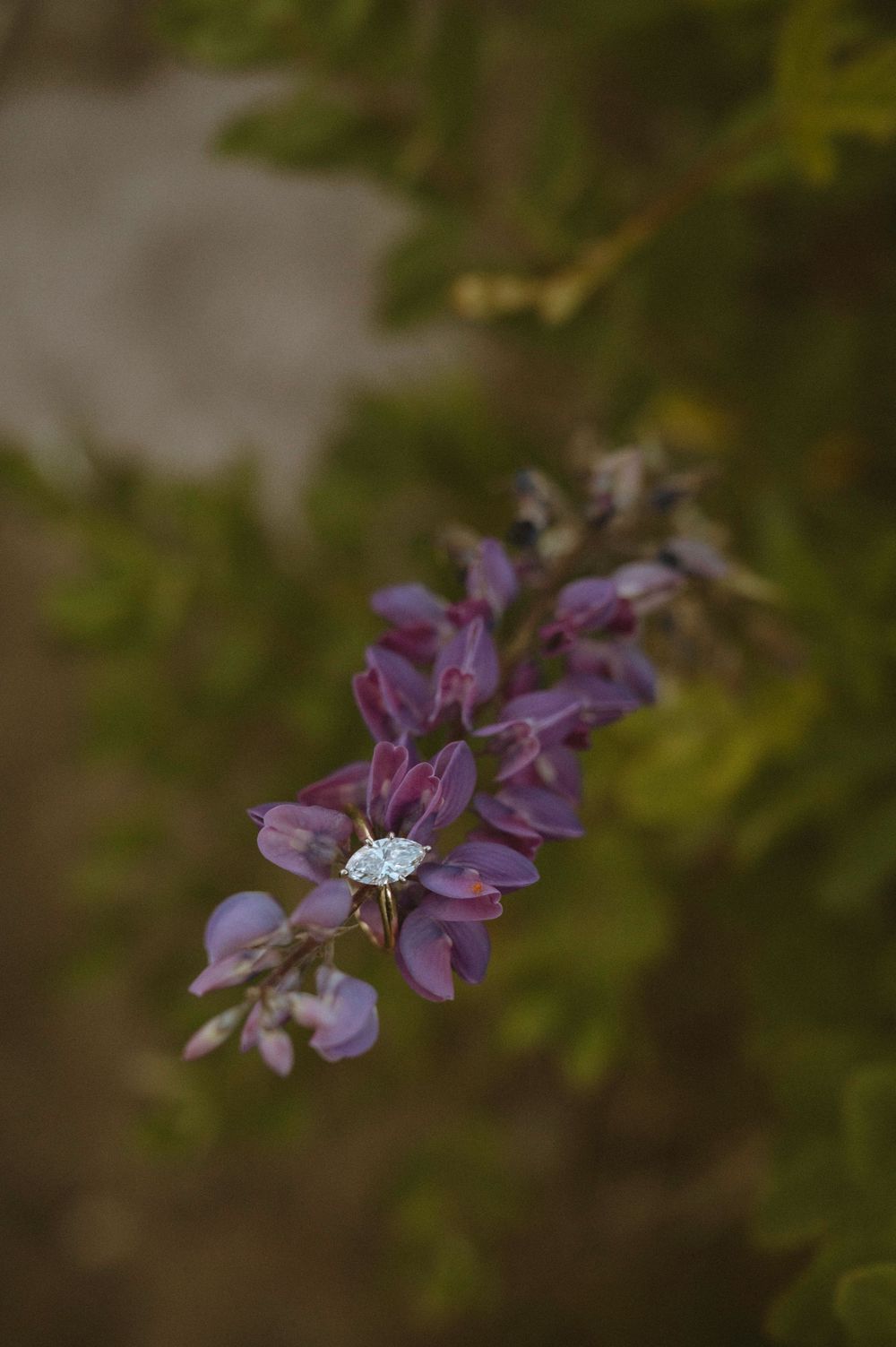 A diamond engagement ring resting on purple wildflower blooms with green foliage in the background.