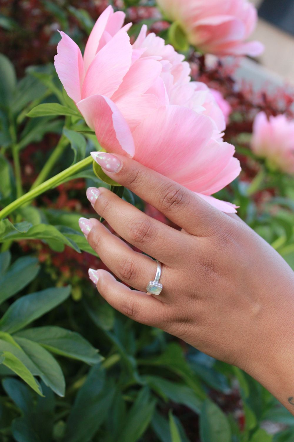 A hand with a diamond ring and pink French manicure gently touching a blooming pink peony flower in a garden.