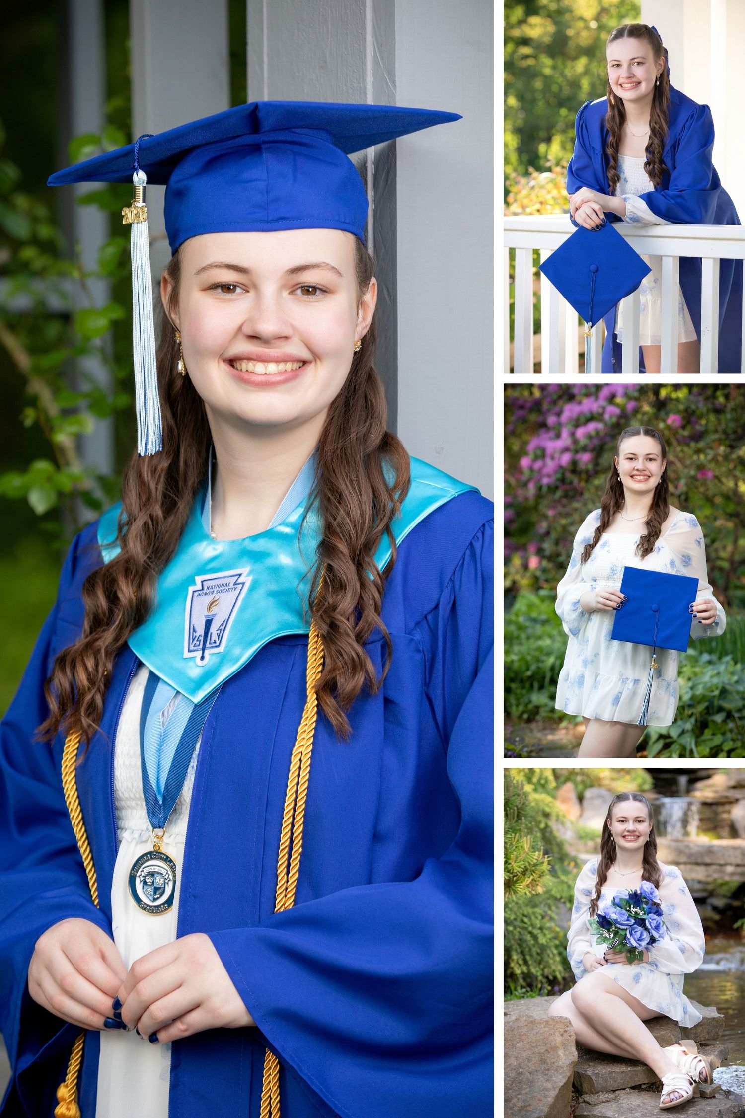 Columbus Ohio senior photographer capturing Olentangy Berlin graduation photos with blue cap and gown at Inniswood Gardens.