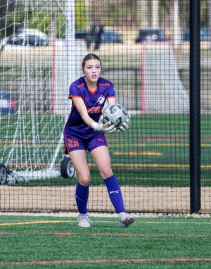 Female soccer goalkeeper in purple uniform catching ball in front of net on green turf field.