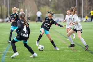 Young girls in black and white uniforms compete in a youth soccer match on a green grass field.