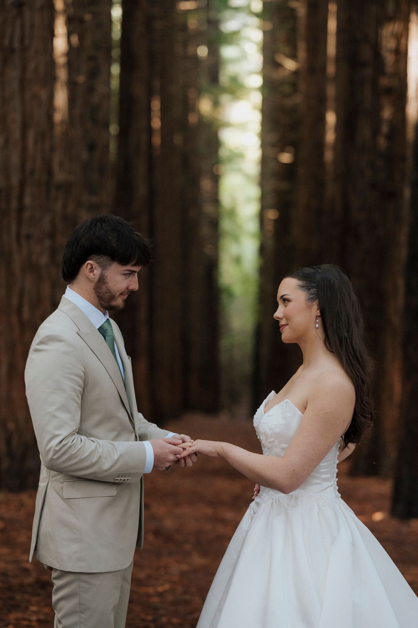 A bride and groom hold hands in a sunlit redwood forest, sharing a tender first look moment.