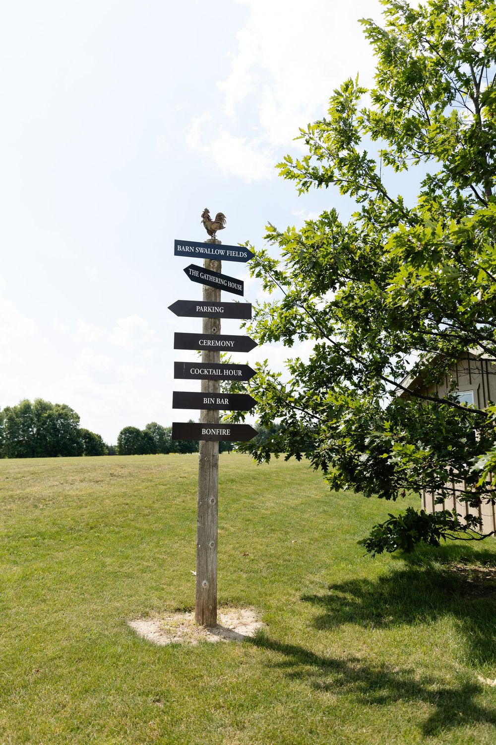 Rustic wooden directional sign post at barn swallow fields in guelph, ontario.