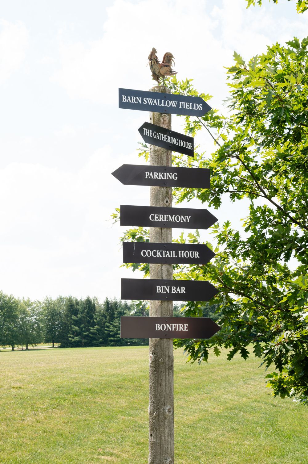 Rustic wooden directional sign post with rooster topper pointing to barn swallow fields, ceremony, cocktail hour, and bonfire in guelph