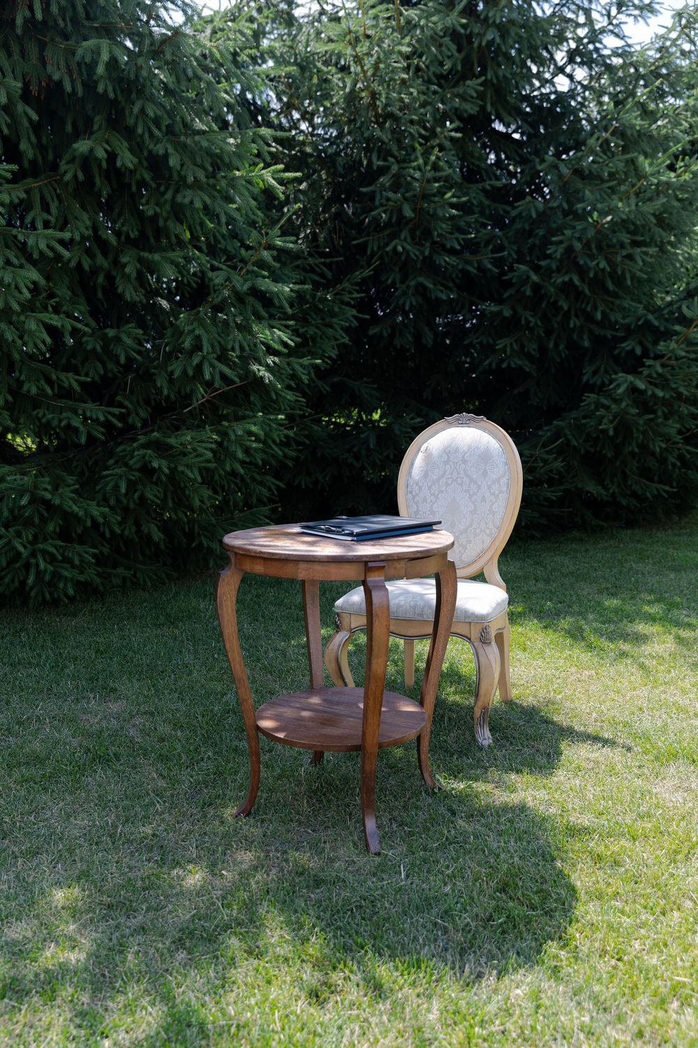 Elegant antique wooden table and chair set placed on lush green grass at barn swallow fields in guelph, ontario.
