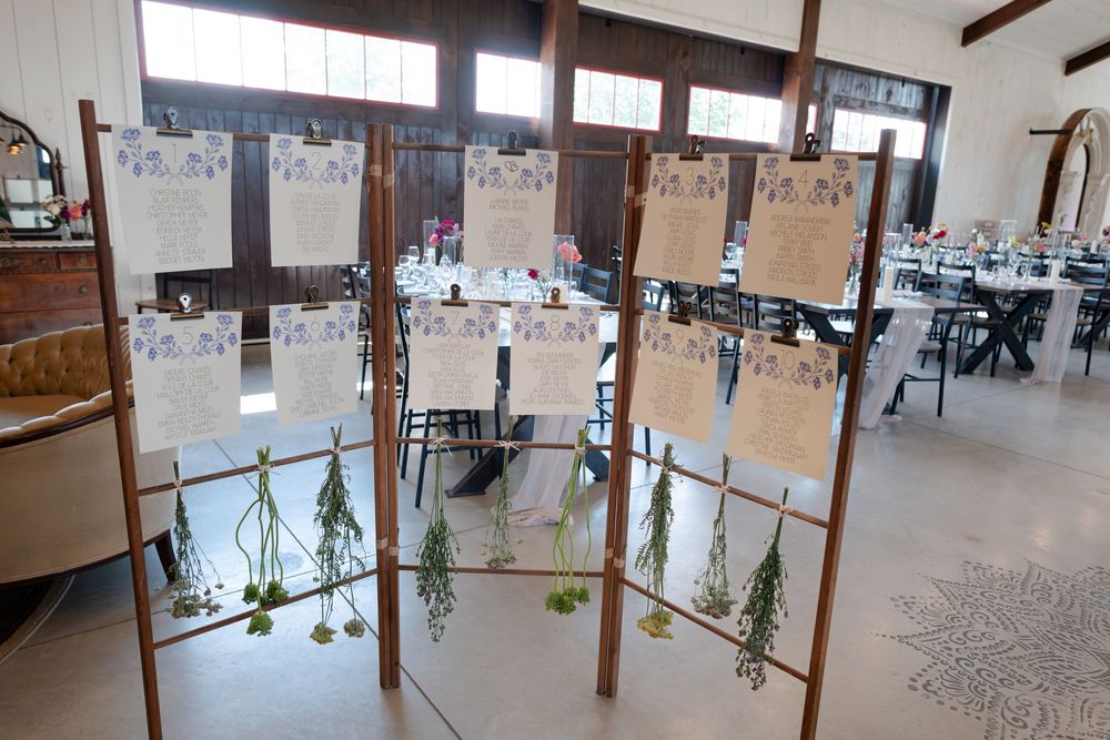 Elegant wedding seating chart display on wooden easels with floral accents at barn swallow fields in guelph, ontario.