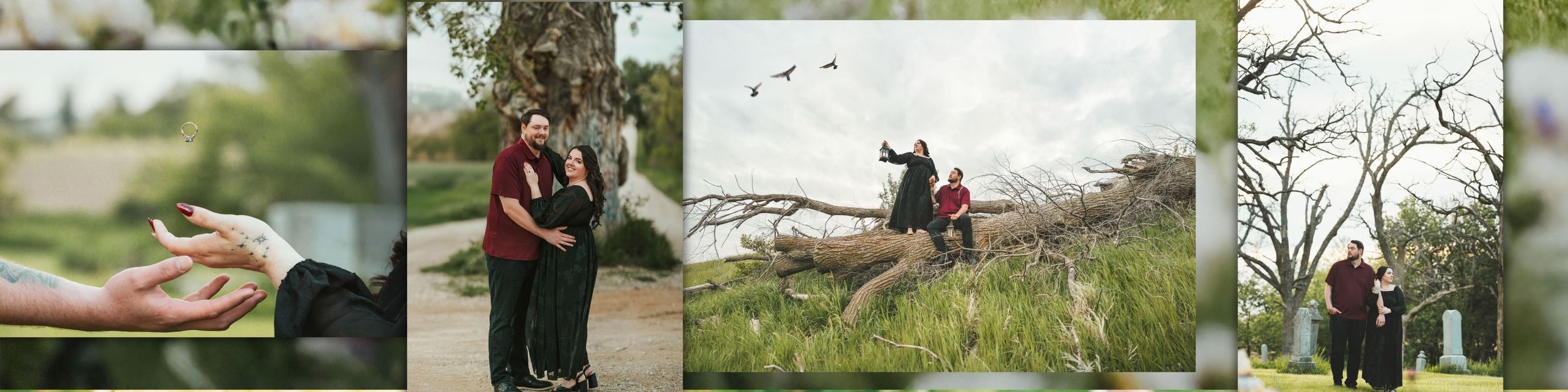 Romantic couple embracing outdoors near a fallen tree in a lush green field with birds flying in the misty sky.