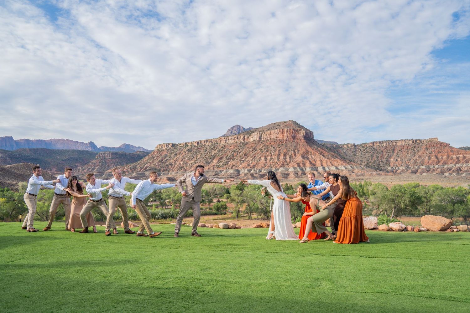 Wide wedding portrait, golden hour
