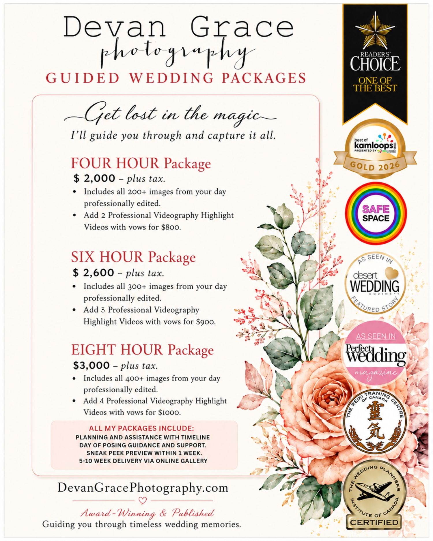 Devan Grace Photography guided wedding packages flyer showing four, six, and eight hour photo options starting at $2000.
