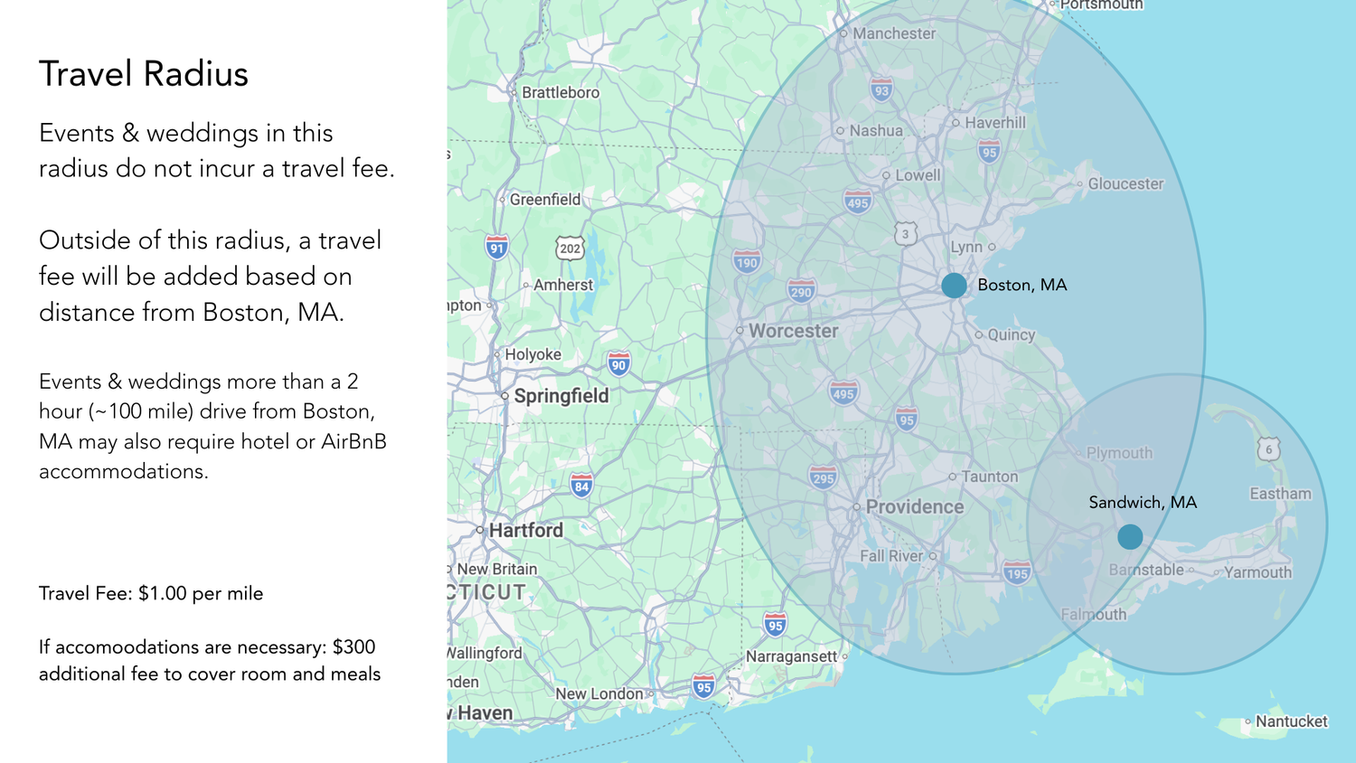 Map showing travel radius for events and weddings around Boston, MA with travel fee policy details.
