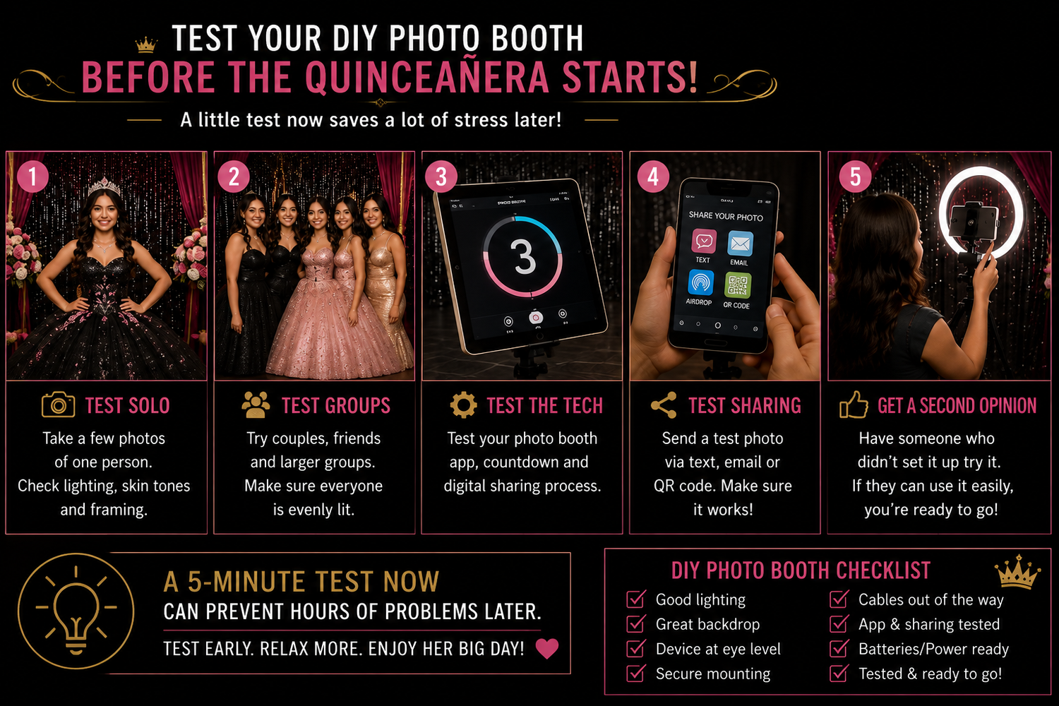 Affordable Quinceañera photo booth ideas using a smartphone, tripod and ring light for families cutting costs without sacrificing fun now