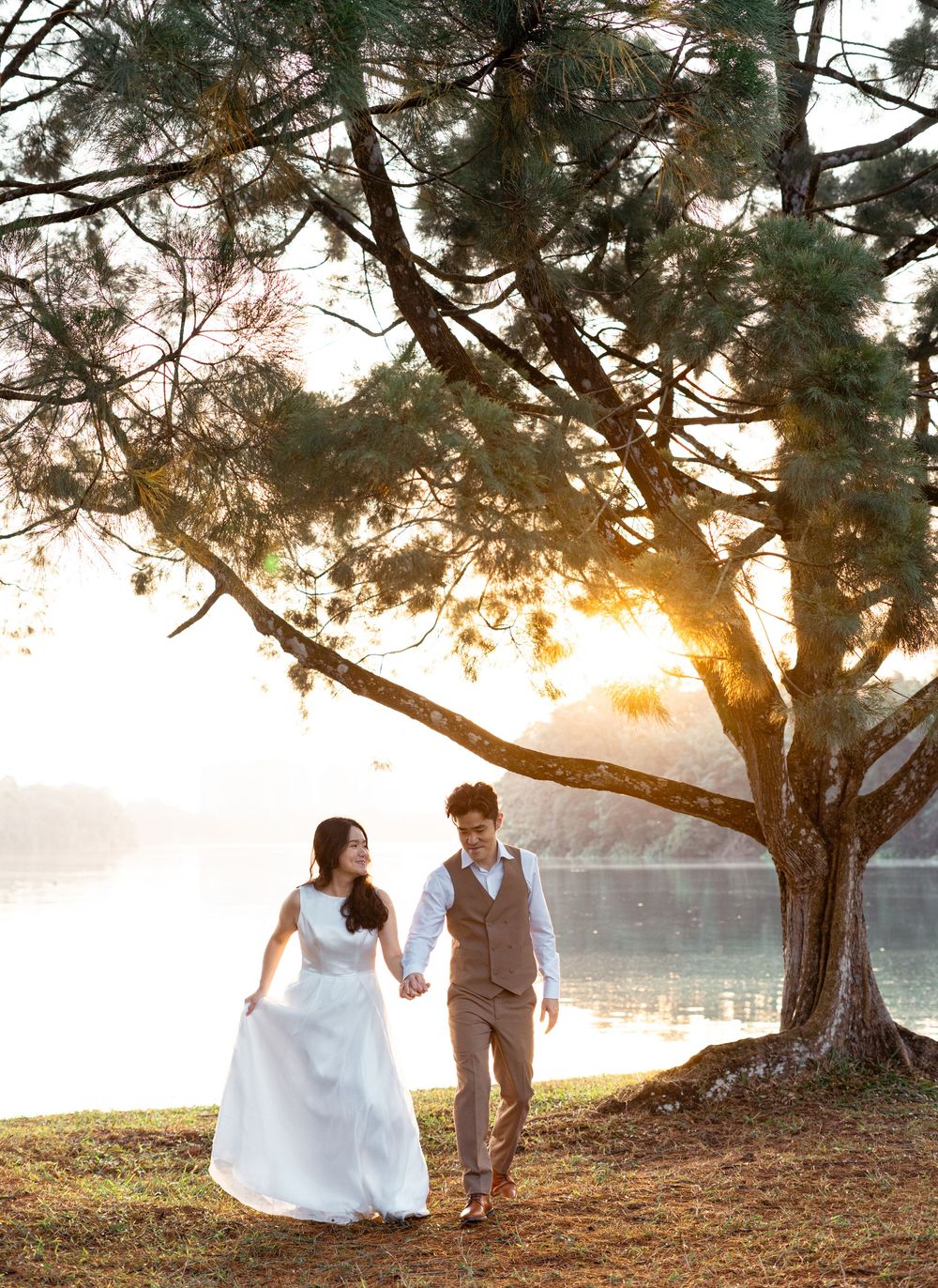 Bride and groom walk hand-in-hand by a sunlit lake under a large pine tree at golden hour.