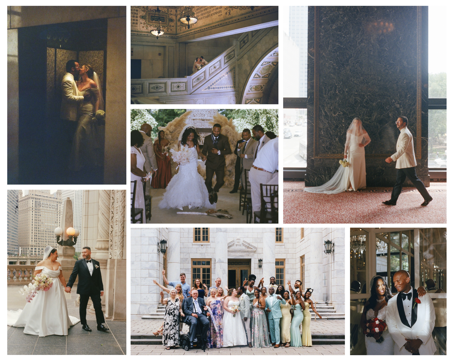 A beautiful wedding collage featuring couples and bridal parties in elegant attire at various ceremony and reception venues.